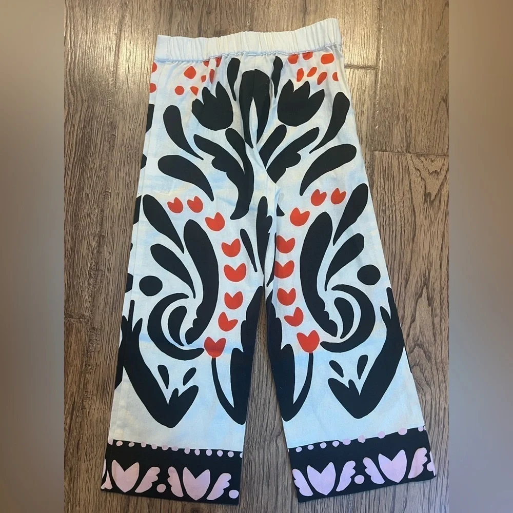 ZARA Girl’s BOLD GRAPHIC PANTS 7 Cotton IVORY w/Black Zip Close NWOT